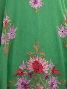 Green Lavender Pink Aari Embroidered Long Kashmere Free Size Kaftan in Crushed Cotton - K11K022