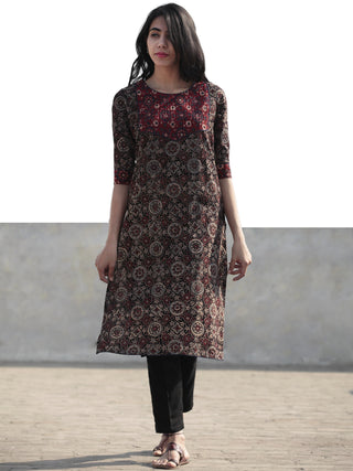 Black Maroon Cherry Red Hand Block Printed Ajrakh Kurta With Pintuck  - K39F1202