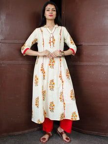 Ivory Red Orange Cotton Block Printed Kurta & Pants - Set of 2 - SS01F047