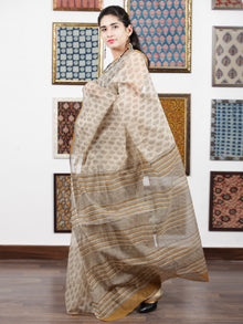 Beige Brown Black Hand Block Printed Kota Doria Saree in Natural Colors - S031703104
