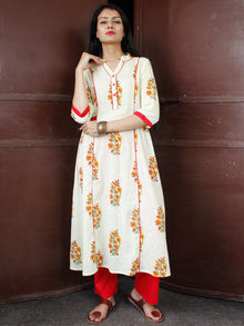 Ivory Red Orange Cotton Block Printed Kurta & Pants - Set of 2 - SS01F047