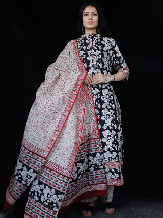 Black Beige Maroon Cotton Block Printed Suit - Set of 3 - SS01F023