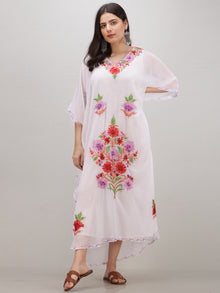 White Multicolor Aari Embroidered Kashmere Free Size Georgette Kaftan  - K12K019