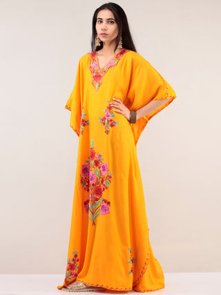 Yellow Aari Embroidered Kashmere Free Size Kaftan  - K12K043