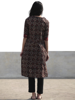 Black Maroon Cherry Red Hand Block Printed Ajrakh Kurta With Pintuck  - K39F1202