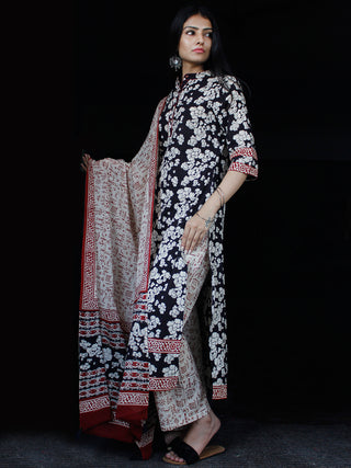 Black Beige Maroon Cotton Block Printed Suit - Set of 3 - SS01F023