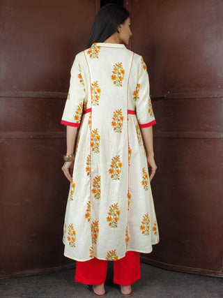 Ivory Red Orange Cotton Block Printed Kurta & Pants - Set of 2 - SS01F047