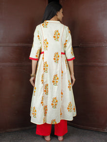 Ivory Red Orange Cotton Block Printed Kurta & Pants - Set of 2 - SS01F047