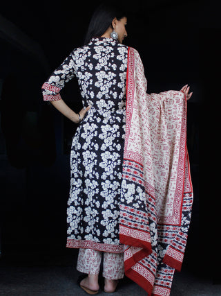 Black Beige Maroon Cotton Block Printed Suit - Set of 3 - SS01F023