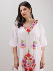 White Multicolor Aari Embroidered Kashmere Free Size Georgette Kaftan  - K12K019