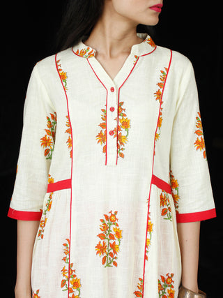 Ivory Red Orange Cotton Block Printed Kurta & Pants - Set of 2 - SS01F047