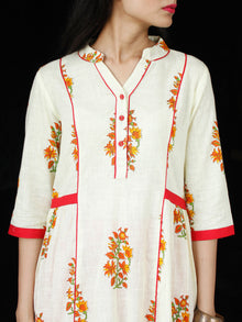 Ivory Red Orange Cotton Block Printed Kurta & Pants - Set of 2 - SS01F047