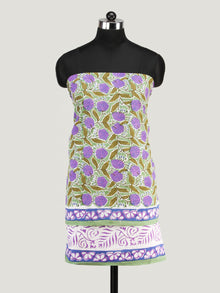 Sage Green Purple White Hand Block Printed Cotton Suit-Salwar Fabric With Chiffon Dupatta (Set of 3) - SU01HB443