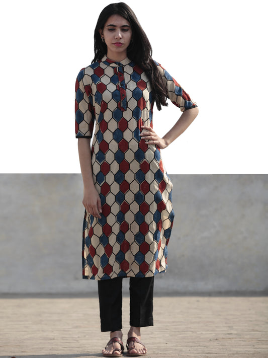 Beige Indigo Red Hand Block Printed Ajrakh Kurta With Stand Collar  - K40F1169