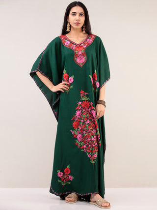 Bottle Green Aari Embroidered Kashmere Free Size Kaftan  - K12K042