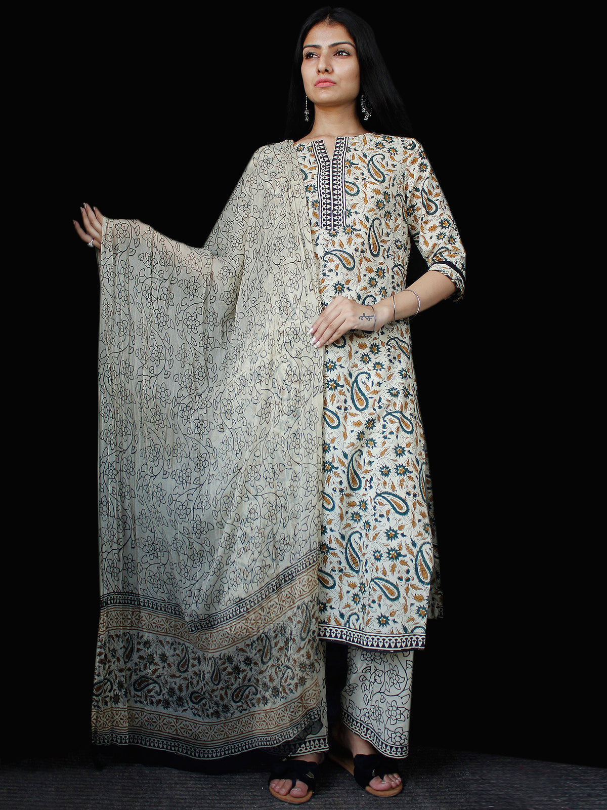 Beige Brown Blue Cotton Block Printed Suit - Set of 3 - SS01F024