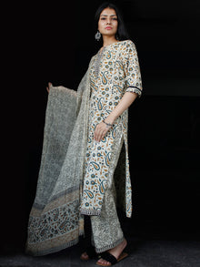 Beige Brown Blue Cotton Block Printed Suit - Set of 3 - SS01F024