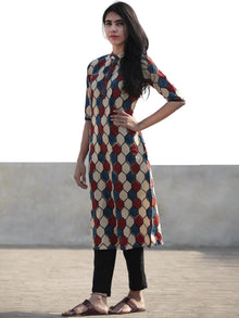 Beige Indigo Red Hand Block Printed Ajrakh Kurta With Stand Collar  - K40F1169