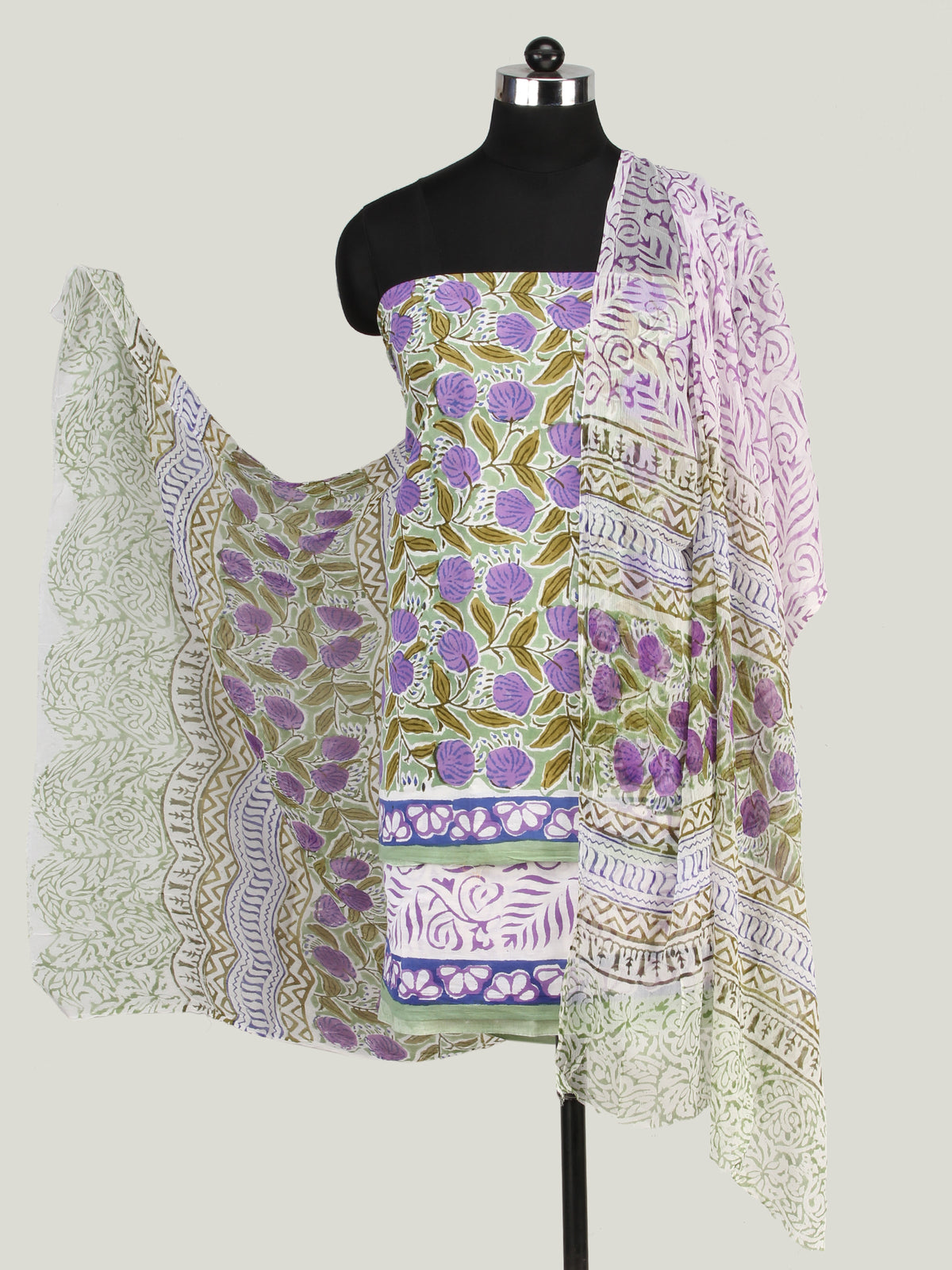 Sage Green Purple White Hand Block Printed Cotton Suit-Salwar Fabric With Chiffon Dupatta (Set of 3) - SU01HB443