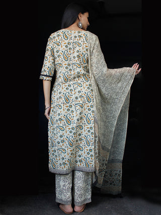 Beige Brown Blue Cotton Block Printed Suit - Set of 3 - SS01F024