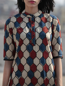Beige Indigo Red Hand Block Printed Ajrakh Kurta With Stand Collar  - K40F1169