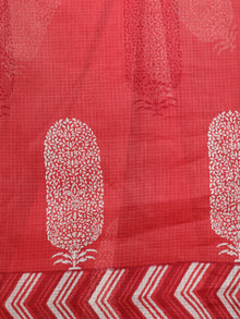 Red White Hand Block Printed Kota Doria Saree in Natural Colors - S031702869