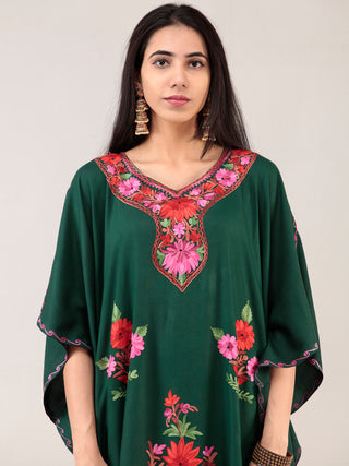 Bottle Green Aari Embroidered Kashmere Free Size Kaftan  - K12K042