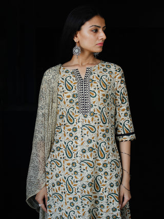 Beige Brown Blue Cotton Block Printed Suit - Set of 3 - SS01F024