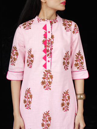 Pink Coral Brown Cotton Block Printed Kurta & Pants - Set of 2 - SS01F048