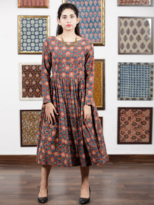 Red Teal Green Indigo Ivory Black Hand Block Printed Cotton  Midi Dress - D105F1316