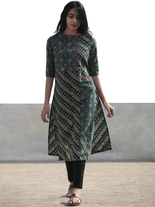 Green Indigo Black Hand Block Printed Ajrakh Kurta  - K41F1183