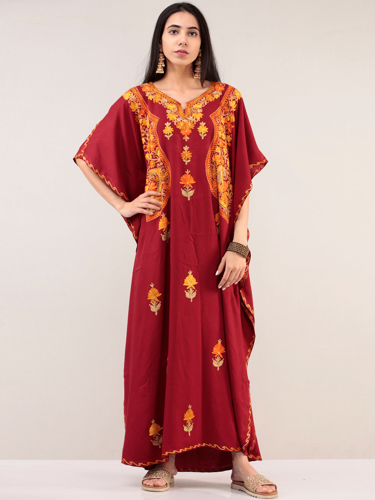 Maroon Aari Embroidered Kashmere Free Size Kaftan  - K12K045