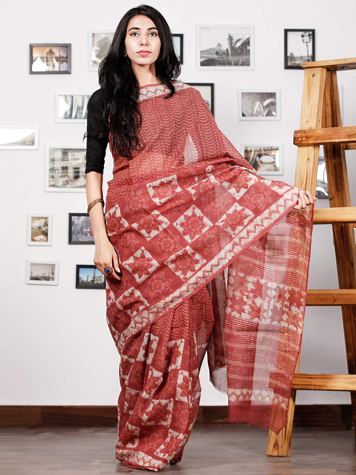 Onion Pink White Hand Block Printed Kota Doria Saree in Natural Colors - S031702871