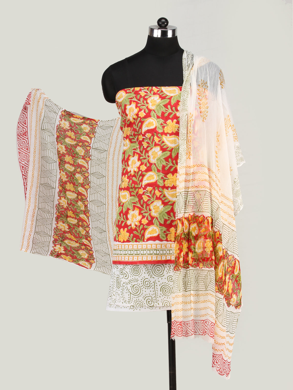 Red Yellow Green Hand Block Printed Cotton Suit-Salwar Fabric With Chiffon Dupatta (Set of 3) - SU01HB446