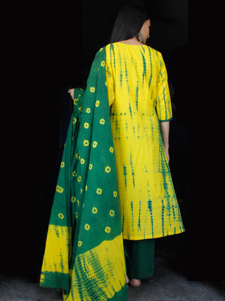 Green Yellow Cotton Block Printed Suit - Set of 3 - SS01F025