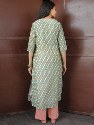 Sage Green Peach Silk Cotton Ikat Mirror Work Kurta & Pants (Set of 2) - SS01F1742
