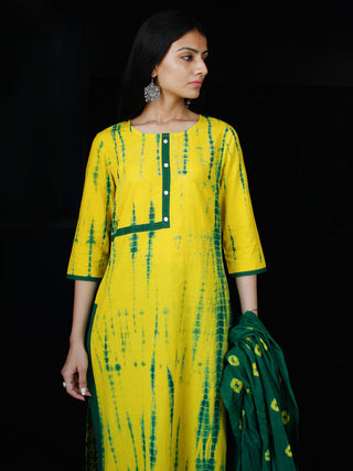 Green Yellow Cotton Block Printed Suit - Set of 3 - SS01F025