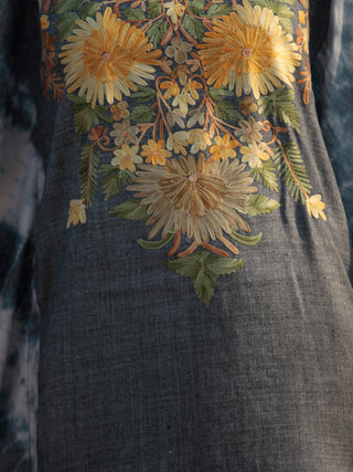 Grey Yellow Green Ivory Aari Embroidered Short Kashmere Kaftan  - K11K038