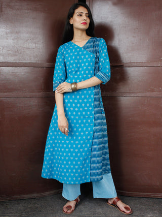 Sky Blue Turquoise Silk Cotton Ikat Angrakha Kurta & Pants (Set of 2) - SS0f1753