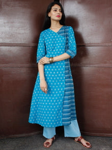 Sky Blue Turquoise Silk Cotton Ikat Angrakha Kurta & Pants (Set of 2) - SS0f1753