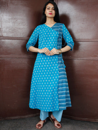 Sky Blue Turquoise Silk Cotton Ikat Angrakha Kurta & Pants (Set of 2) - SS0f1753