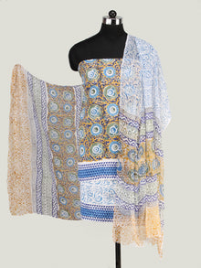Mustard Blue White Hand Block Printed Cotton Suit-Salwar Fabric With Chiffon Dupatta (Set of 3) - SU01HB445