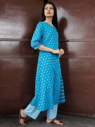 Sky Blue Turquoise Silk Cotton Ikat Angrakha Kurta & Pants (Set of 2) - SS0f1753