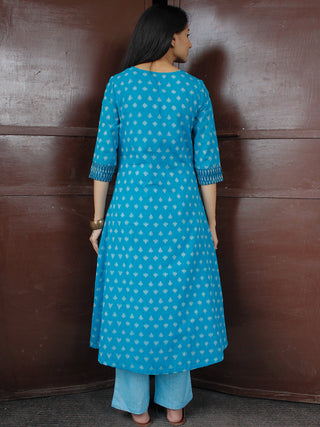 Sky Blue Turquoise Silk Cotton Ikat Angrakha Kurta & Pants (Set of 2) - SS0f1753