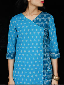 Sky Blue Turquoise Silk Cotton Ikat Angrakha Kurta & Pants (Set of 2) - SS0f1753