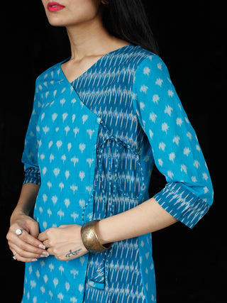 Sky Blue Turquoise Silk Cotton Ikat Angrakha Kurta & Pants (Set of 2) - SS0f1753