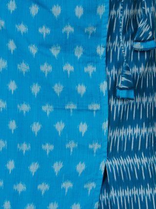 Sky Blue Turquoise Silk Cotton Ikat Angrakha Kurta & Pants (Set of 2) - SS0f1753