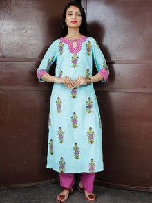 Sky Blue Pink Green Cotton Block Printed Kurta & Pants - Set of 2 - SS01F050