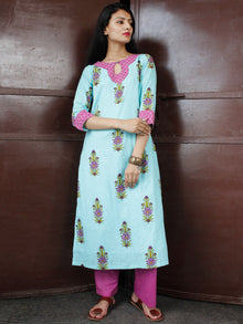 Sky Blue Pink Green Cotton Block Printed Kurta & Pants - Set of 2 - SS01F050