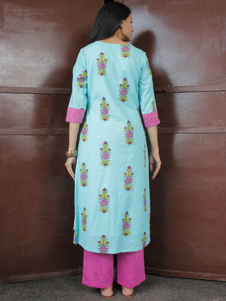 Sky Blue Pink Green Cotton Block Printed Kurta & Pants - Set of 2 - SS01F050